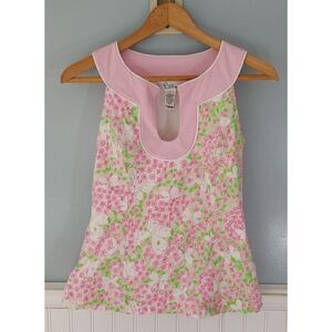 Lilly Pulitzer 0 Floral Flowers Butterflies Keyhole‎ Sleeveless Blouse Top Pink